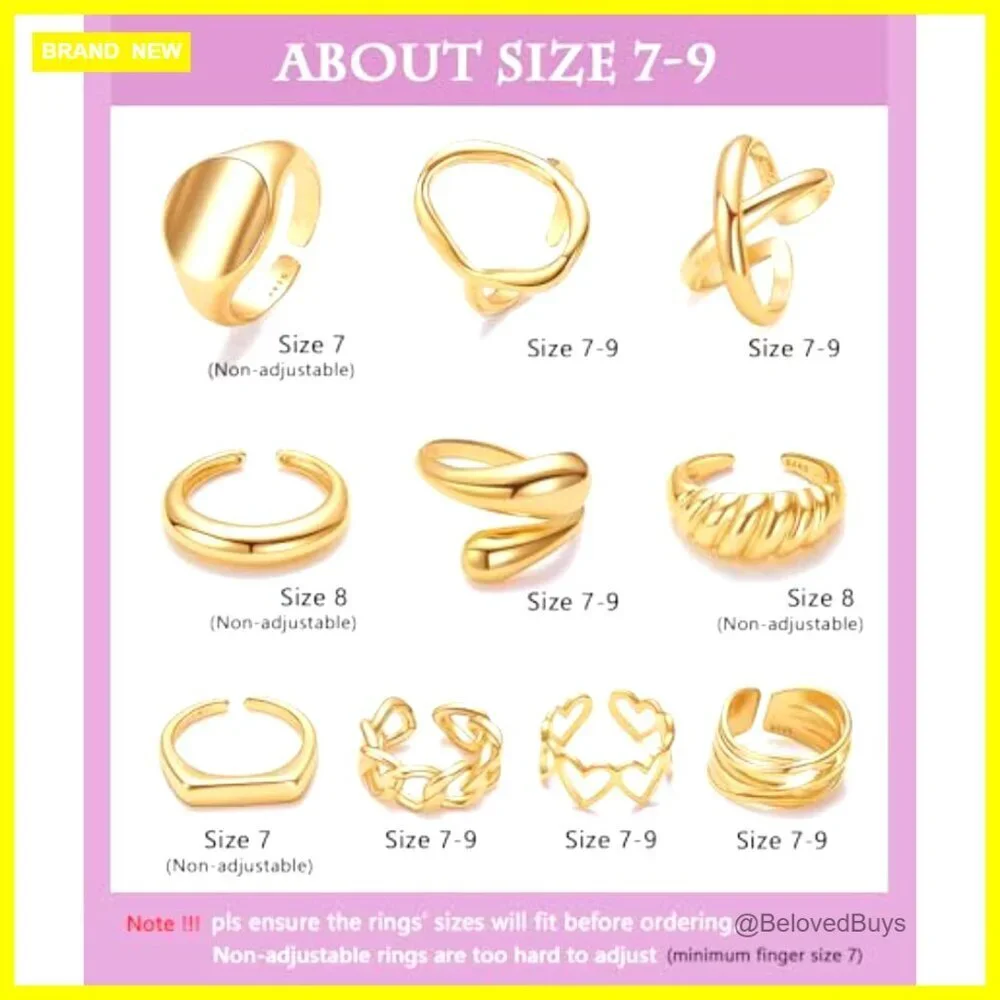 10-Piece Adjustable Chunky Dome Rings Set Gold Plated Size 6-9